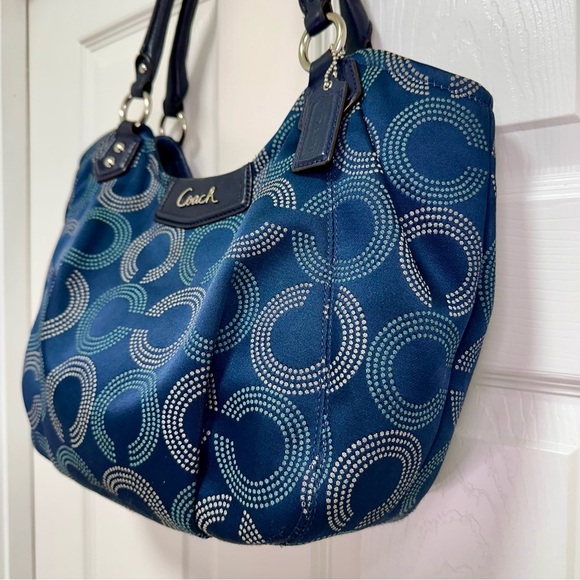 Coach Ashley Dotted Op Art Tote Blue with Navy Leather Trim - Picture 3 of 13